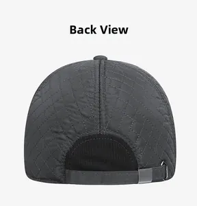 Back view of a quilted dark grey baseball cap with adjustable strap and metal buckle