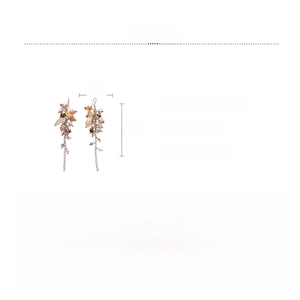 Detail view of multi-layered beaded drop earrings with dimensions and copper glass material