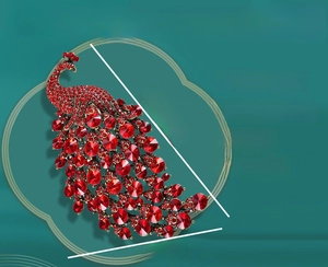 Detailed size view of red vintage peacock brooch with AAA rhinestones on zinc alloy base