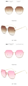 Close-up of rimless polygon sunglasses with gold metal frame and gradient tinted lenses