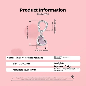 Macro view of S925 sterling silver pink shell heart pendant with dimensions 2.3x0.9cm