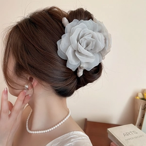 Détail d'une pince à cheveux rose en tulle gris portée avec élégance sur modèle