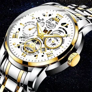 Waterproof mechanical men's watch with two-tone steel strap and white skeleton dial