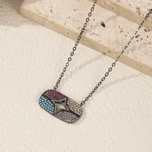 Collier étoile en argent S925 vintage avec pierres colorées et chaîne noire