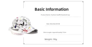 Détail casquette baseball graffiti avec dimensions 54-58cm et visière de 7.5cm