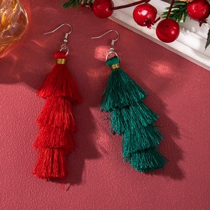 Christmas colorful tassel drop earrings with red and green layered fringe design
