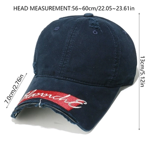 Detail view of vintage distressed navy baseball cap with white embroidery and size guide