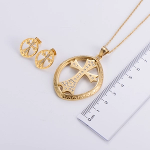 Golden titanium steel jewelry set with crystal cross pendant necklace and earrings