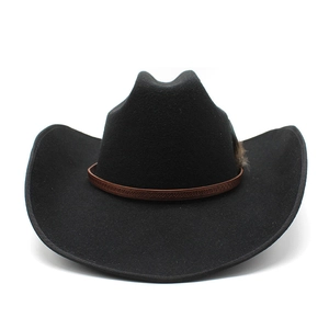 Classic black felt cowboy hat with embossed brown leather band and feather accent