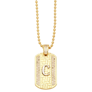 Gold stainless steel ball chain necklace with silver letter C pendant on white background