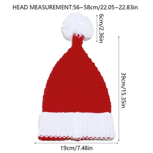 Detailed size chart of a red knitted Christmas hat with dimensions for head circumference