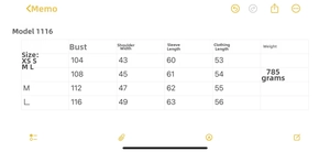 Detailed size chart for faux fur jacket showing measurements for XS, S, M, and L sizes