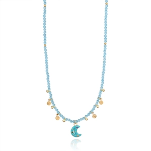 Handmade beaded necklace with light blue stones, gold charms, and a blue moon pendant