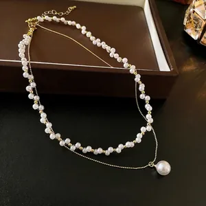 Collier Double Rangée Künstliche Perles D'imitation Français Élégant Chaîne Dorée Avec Pendentif Bijoux Pour Femme