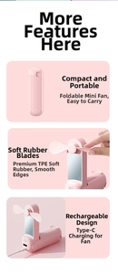 Pink foldable mini fan with soft TPE blades and built-in vanity mirror detail