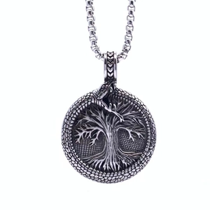 Silver Viking Tree of Life pendant necklace with serpent border on square box chain