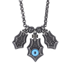Herren Anhänger Halskette Edelstahl Böser Blick Retro Punk Gothic Blaue Perle Dreifach Schild Design Schmuck Geschenk