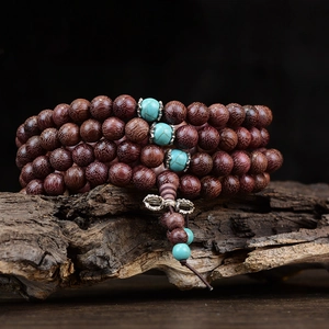 Bracelet 108 perles de prière bouddhistes en bois de santal avec turquoise