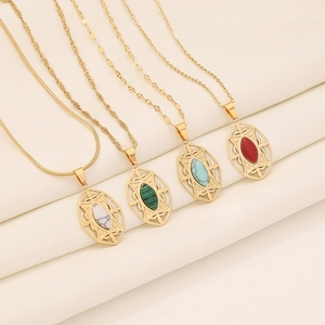 Vintage Oval Pendant Necklace Stainless Steel Natural Stone Hollow Geometric Gold Jewelry For Women Aesthetic Retro