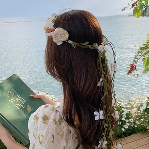 White floral garland headband with tassel vines for romantic weddings and travel photos