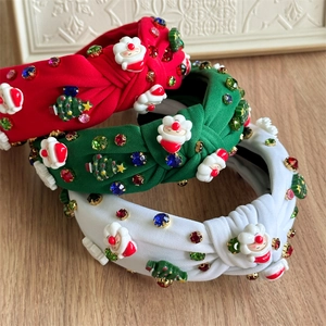 Three knotted Christmas headbands with Santa, tree motifs and colorful rhinestones