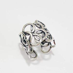 925 Sterling Silver Ring Vintage Interlocking Circles Distressed Hollow Adjustable Open Finger Jewelry For Women