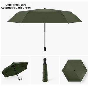 Dark green automatic folding umbrella showing full open, side view, and storage modes