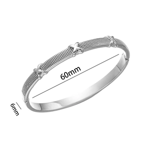 Minimalist silver stainless steel bangle with X-cross pattern and bead texture 6mm