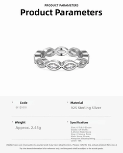 Detail showing S925 sterling silver ring specs with marquise cut 5A cubic zirconia stones