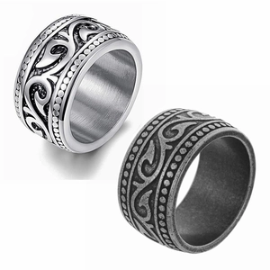 Vintage Scroll Totem Wide Band Ring Stainless Steel Men Distressed Gothic Punk Style Jewelry Beaded Edge