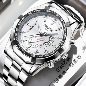 Macro view of ORUSS stainless steel chronograph watch with tachymeter and silver band