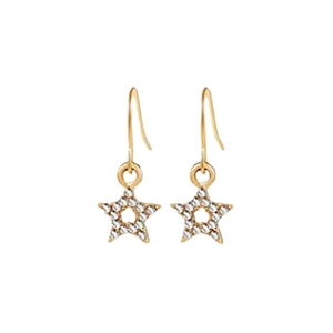 Detailed view of gold star dangle earrings with sparkling white rhinestone inlay