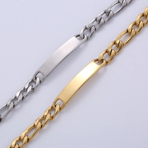 Minimalist Figaro chain bracelet with blank metal bar in gold and silver finish