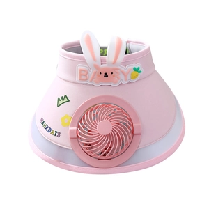 Pink children sunscreen sun visor hat with integrated solar fan and cute rabbit motif