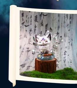 Detailed macro view of an iridescent glass Nine-Tailed Fox figure on a mossy wooden base