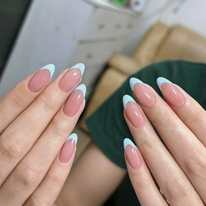 Unghie Finte da Incollare Francesi Blu Lattescente a Mandorla Lucide Rimovibili Eleganti Unghie Moda per Donna Decorazione Manicure