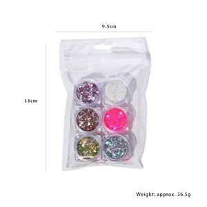 Six-color reflective nail art glitter set with sparkling diamond powder in transparent bags