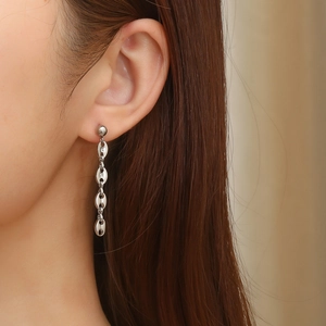 Close-up detail of silver long tassel earrings with oval chain links on a model's ear