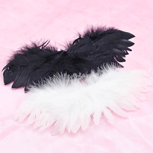 Detail view of real feather angel wings in black and white for dolls and costume decor