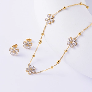 Flower Necklace Stud Earrings Bracelet Stainless Steel Cubic Zirconia Elegant Jewelry For Women Gold Plated Summer