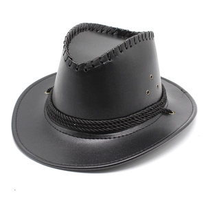 Chapeau de cowboy western noir en similicuir avec coutures tressées et cordon décoratif