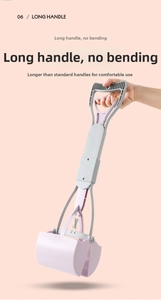 Pink and gray pet pooper scooper featuring a long handle for easy ergonomic cleaning