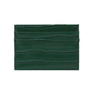 Detailed view of dark green faux crocodile leather card holder with three card slots