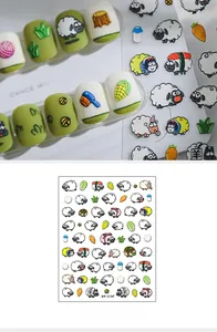 Macro shot of 3D embossed sheep stickers with cute cartoon grass and carrot nail art motifs