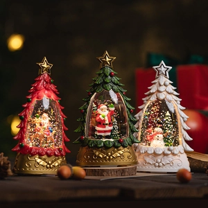 Christmas Tree Snow Globe LED Night Light Resin Desktop Ornament Glitter Swirling Water Ball Holiday Decor Gift