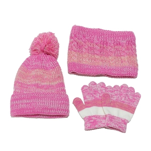 Detail of children's winter knit set featuring pink gradient stripe hat, scarf and gloves