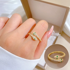 Snake Wrap Ring Gold Plated Brass Green Zircon Eyes Open Adjustable Double Head Animal Statement Jewelry For Women