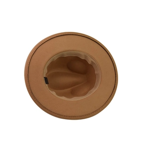 Internal view of wool felt wide brim fedora showing sweatband and crown structure