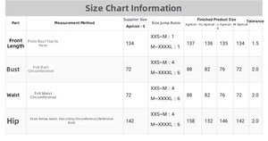 Detailed size chart for maternity mesh dress including length bust waist and hip measurements