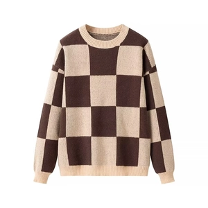 Women's cozy checkered crewneck knit sweater in brown and cream white patterns